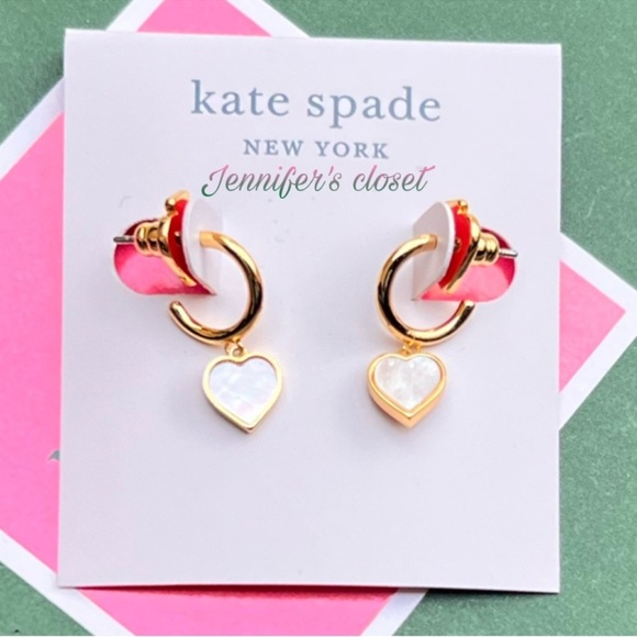 Kate Spade Mother Of Pearl Heart Charm Drop Huggie Earrings NWT - Picture 4 of 5